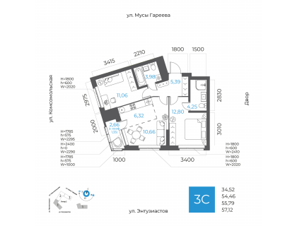 Планировка 3-комн. · 55.8 м²