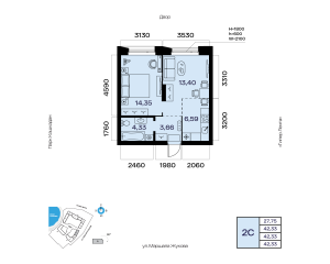 Планировка 2-комнатные 42,3 м²