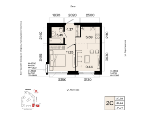 Планировка 2-комнатные 34,2 м²