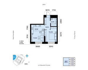 Планировка 2-комнатные 41,6 м²