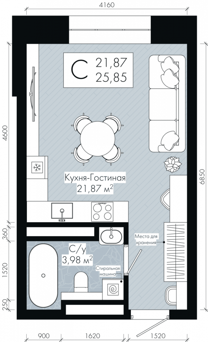 Планировка: Студия, 25.9 м²