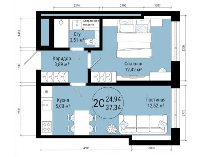 Планировка 2-комн. · 37.3 м²