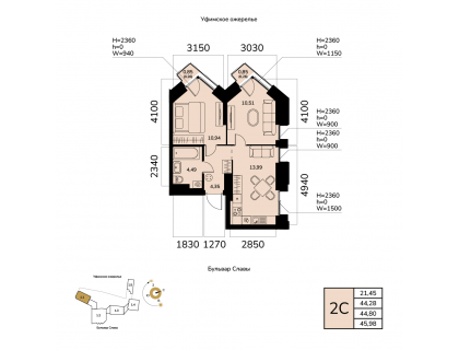 Планировка 2-комн. · 44.8 м²