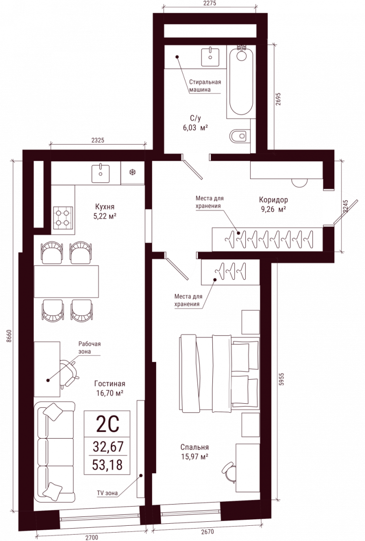 Планировка: 2-комн. квартира, 53.2 м²