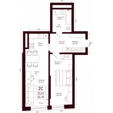 Планировка: 2-комн. квартира, 53.2 м²
