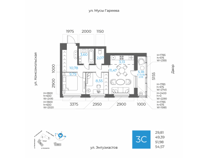 Планировка 3-комн. · 52 м²