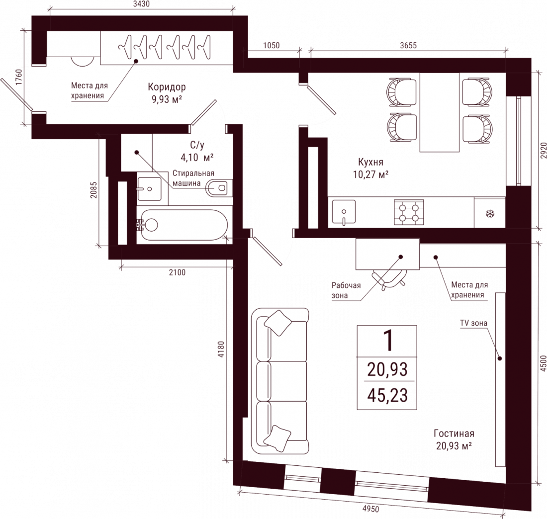 Планировка: 1-комн. квартира, 45.2 м²