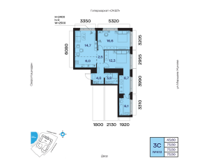 Планировка 3-комнатные 73,5 м²