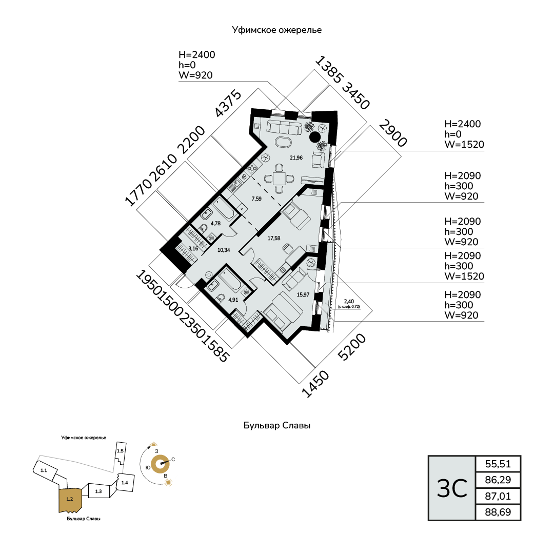 Планировка 3-комнатная квартира 87 м² в ЖК «Лесное ожерелье», 4 этаж — 13 642 200 ₽