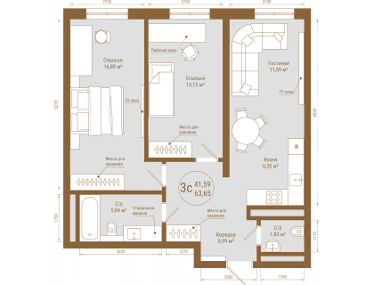 Планировка 3-комн. · 63.7 м²