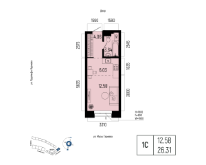Планировка 1-комнатные 26,3 м²
