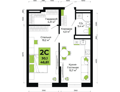 Планировка 2-комн. · 46.6 м²