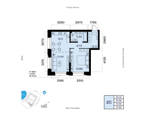 Планировка 2-комнатные 51,6 м²