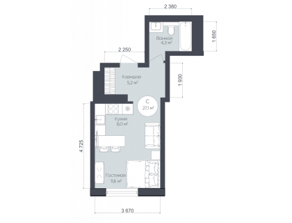 Планировка Студия · 27.1 м²