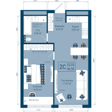 2-комн. квартира, 46.5 м²