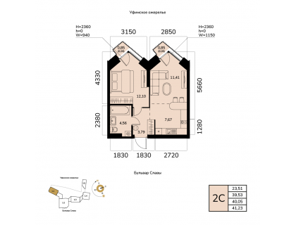 Планировка 2-комн. · 40.1 м²