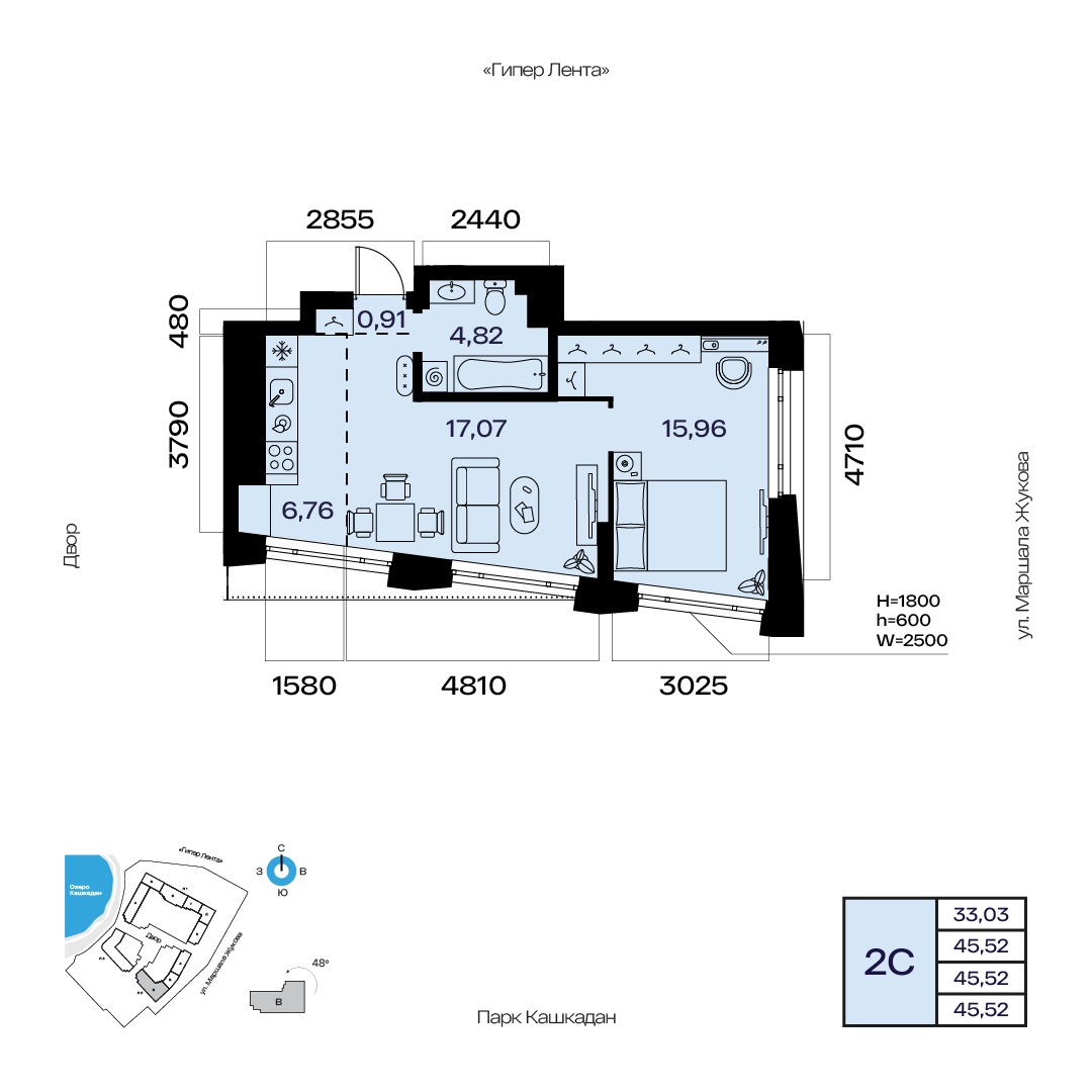 Планировка 2-комнатная квартира 45,5 м² в ЖК «Атлантис», 14 этаж — 11 657 000 ₽
