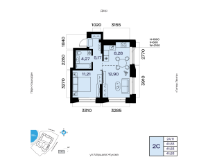 Планировка 2-комнатные 41,8 м²