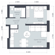 Планировка: 2-комн. квартира, 40.1 м²