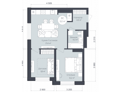 Планировка 3-комн. · 52.1 м²