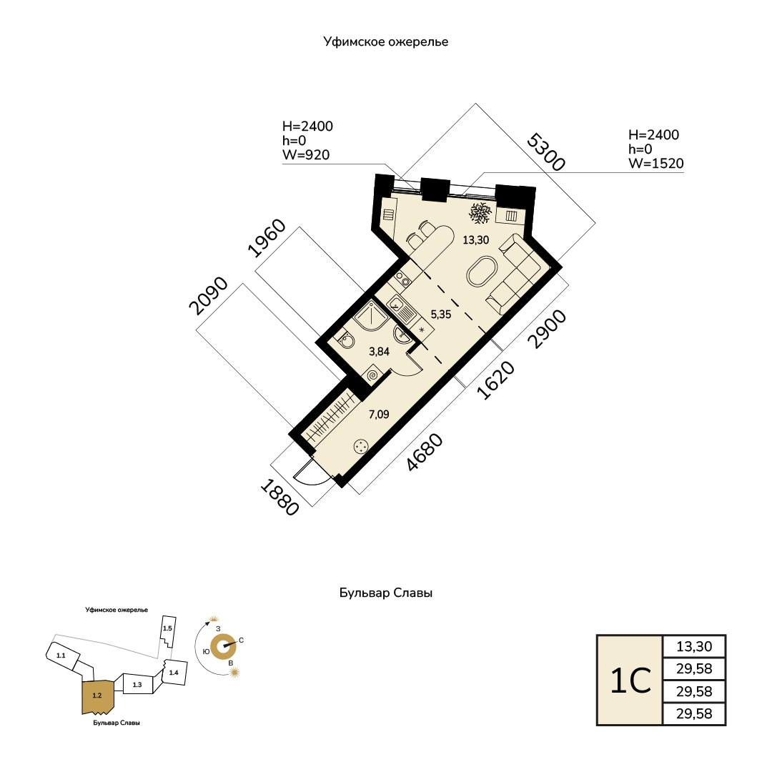Планировка 1-комнатная квартира 29,6 м² в ЖК «Лесное ожерелье», 4 этаж — 5 501 900 ₽