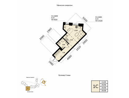 Планировка 1-комн. · 29.6 м²