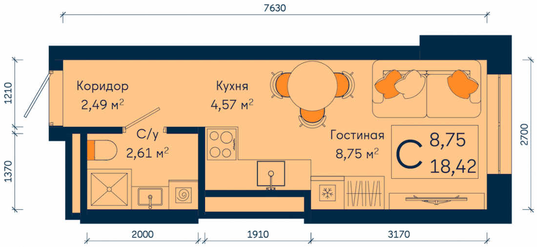 Планировка: Студия, 18.4 м²
