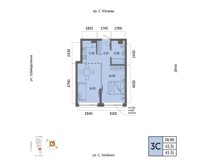 Планировка 2-комнатные 43,3 м²