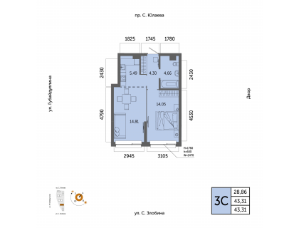 Планировка 2-комн. · 43.3 м²
