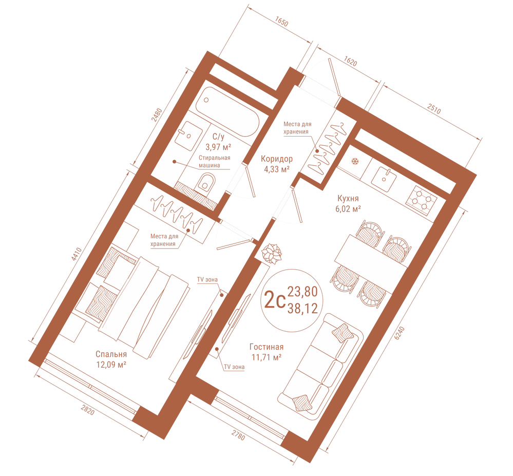 Планировка: 2-комн. квартира, 38.1 м²