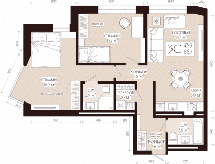 Планировка 3-комн. · 66.7 м²