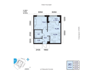 Планировка 2-комнатные 43 м²