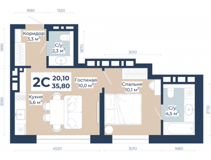 Планировка 2-комн. · 35.8 м²