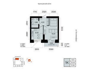 Планировка 1-комнатные 31,5 м²