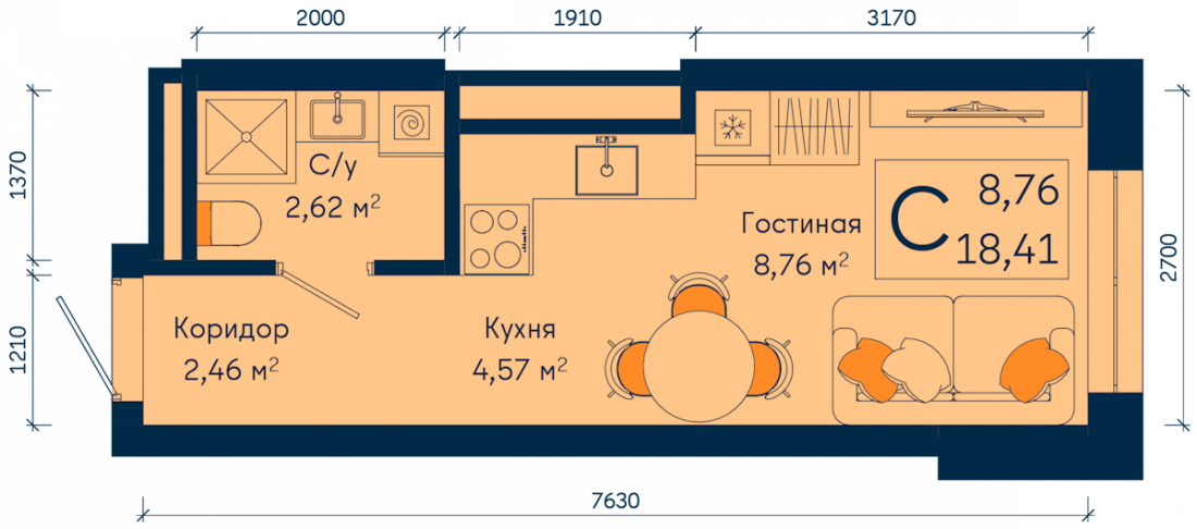 Планировка: Студия, 18.4 м²