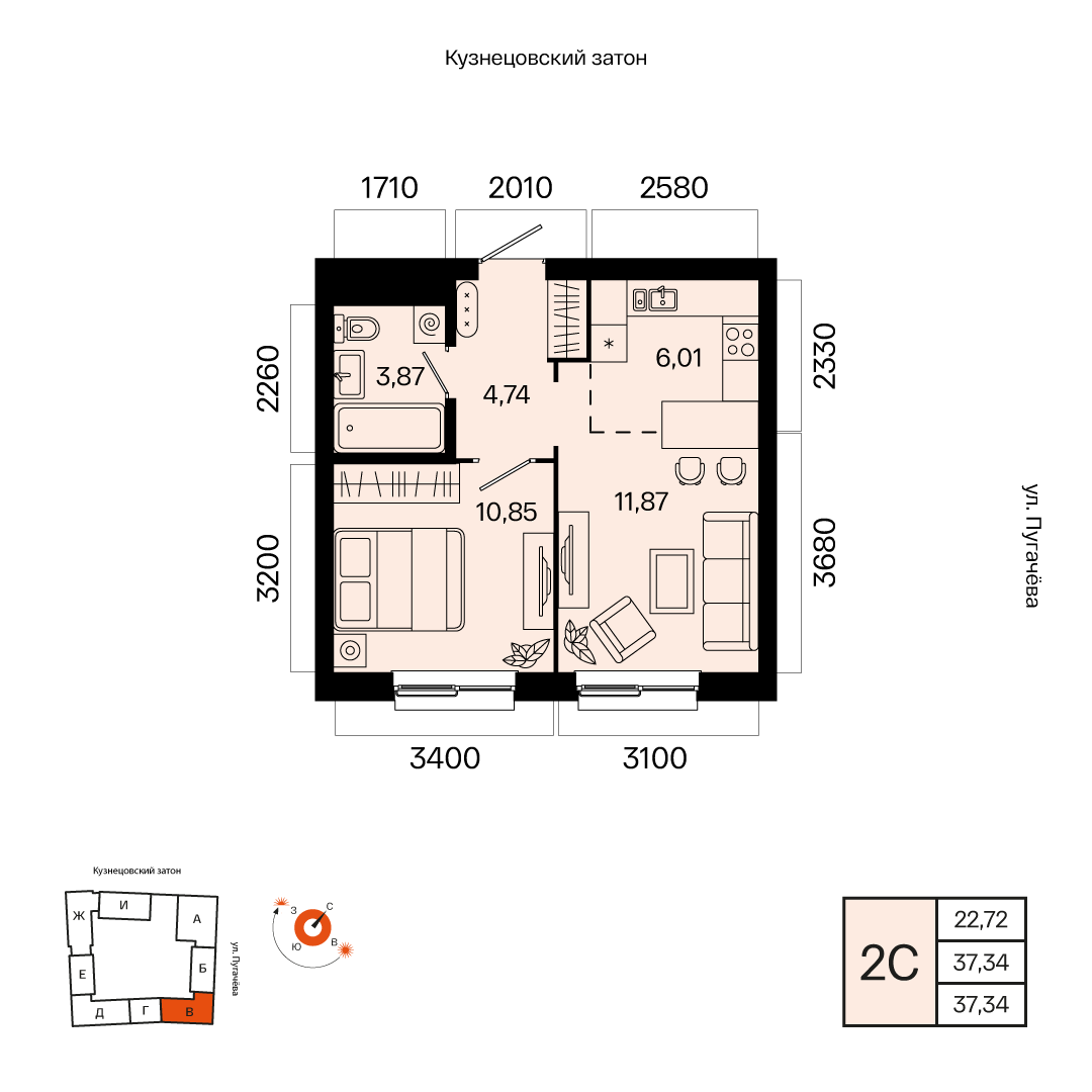 Планировка 2-комнатная квартира 37,3 м² в ЖК «Первый Остров», 6 этаж — 8 189 000 ₽