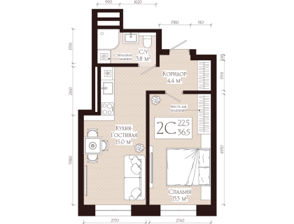 Планировка 2-комн. · 36.5 м²