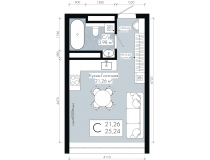 Планировка Студия · 25.2 м²
