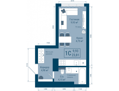 Планировка 1-комн. · 23.8 м²