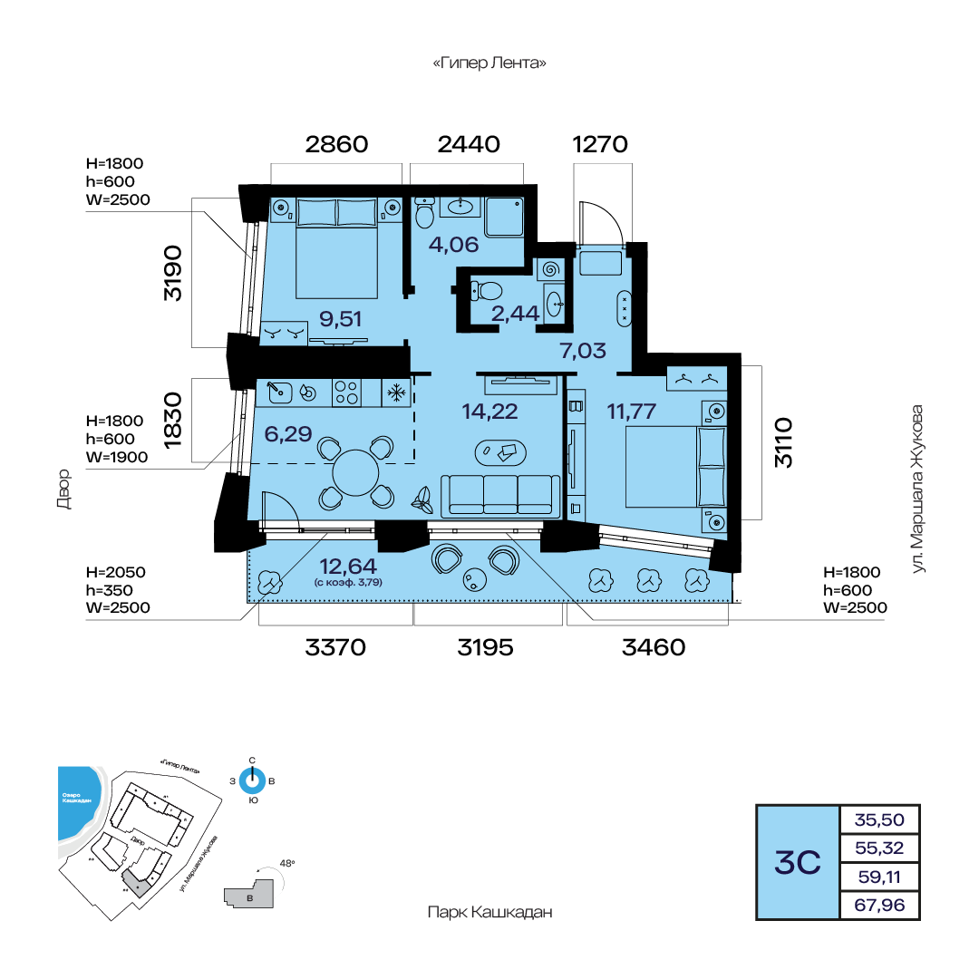 Планировка 3-комнатная квартира 59,1 м² в ЖК «Атлантис», 14 этаж — 14 650 100 ₽