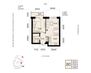 Планировка 2-комнатные 41,3 м²
