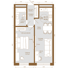 Планировка: 2-комн. квартира, 44.4 м²