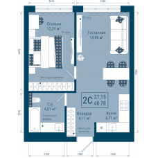 Планировка: 2-комн. квартира, 40.8 м²