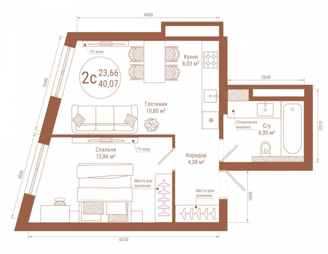 Планировка: 2-комн. квартира, 40.1 м²