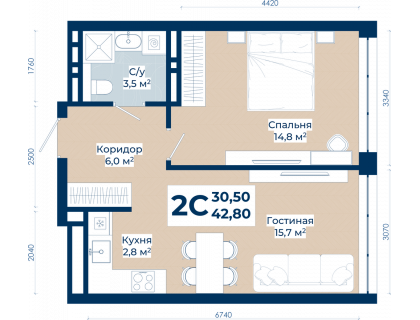 Планировка 2-комн. · 42.8 м²