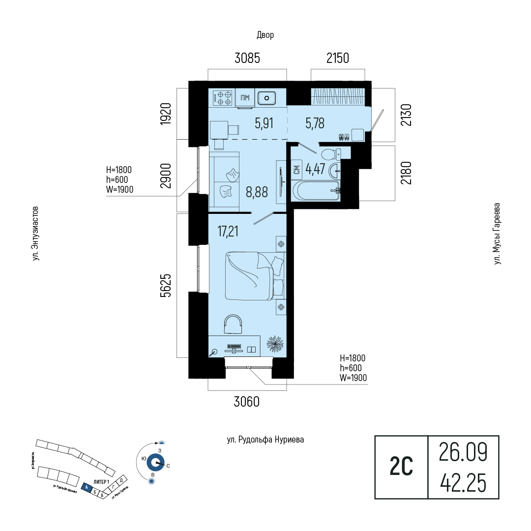 Планировка 2-комнатная квартира 42,3 м² в ЖК «Новатор», 16 этаж — 9 328 200 ₽