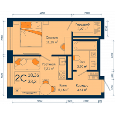 Планировка: 2-комн. квартира, 33.3 м²