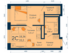 2-комн. · 33.3 м²