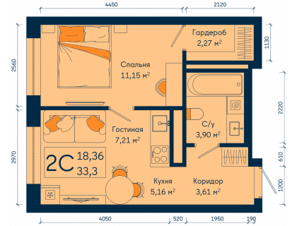 Планировка 2-комн. · 33.3 м²