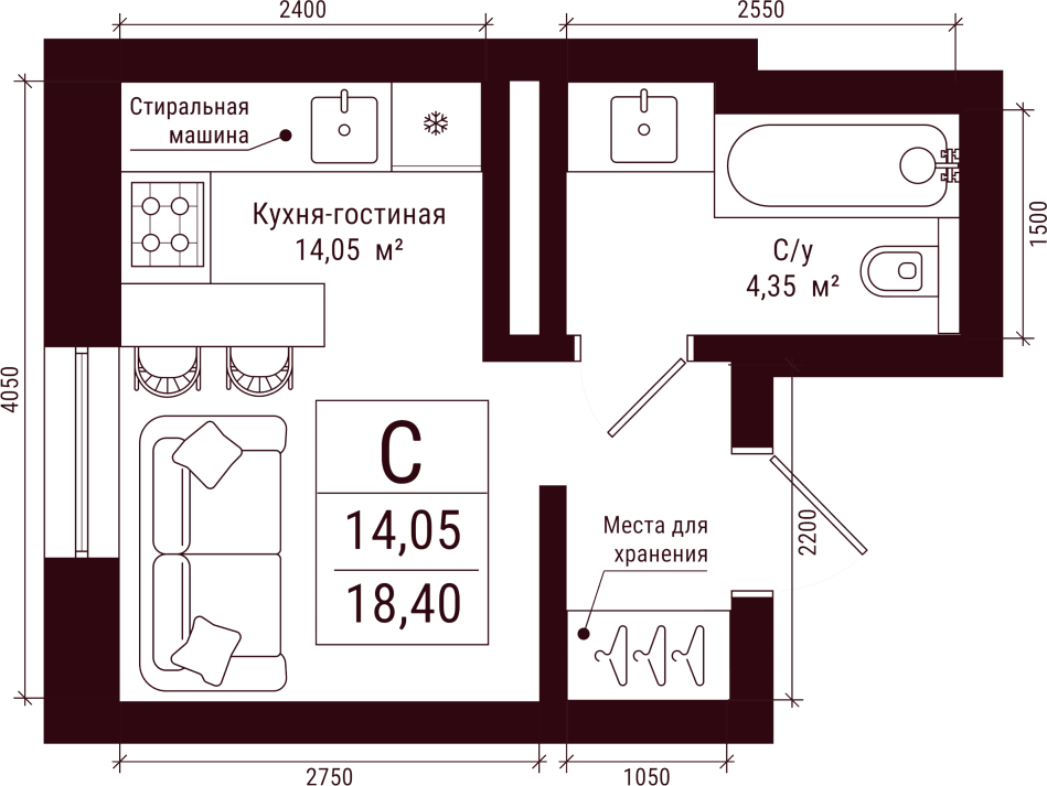 Планировка: Студия, 18.4 м²